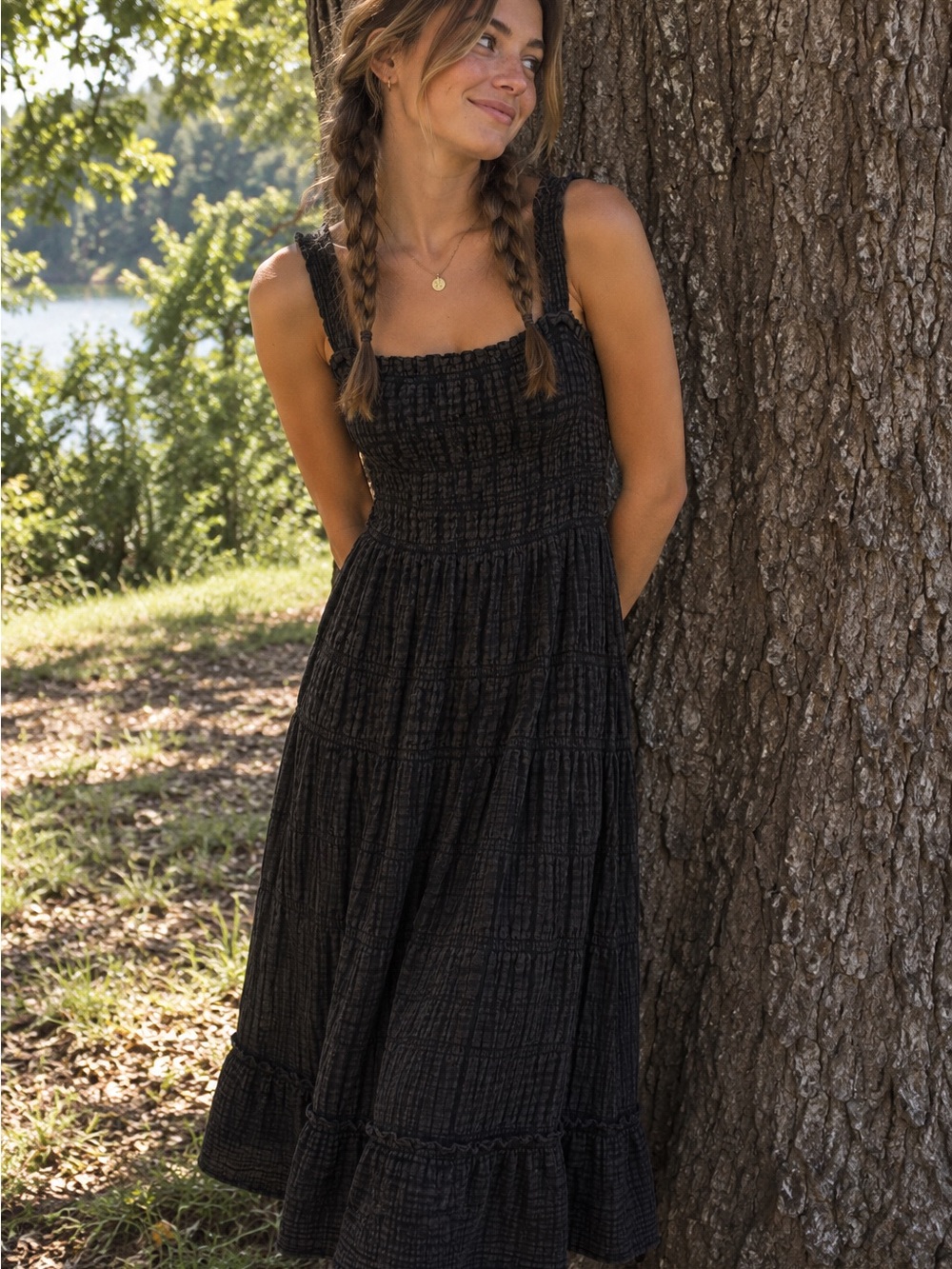 Anthropologie Black Smocked Midi Dress with Tiered Skirt